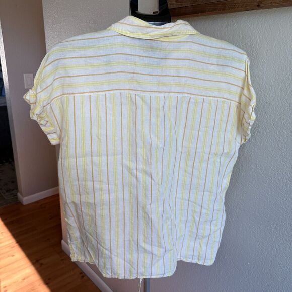Ellen Tracy 100% Linen Boxy Striped Button Up Tie Front Retro Yellow Shirt L - Picture 2 of 4